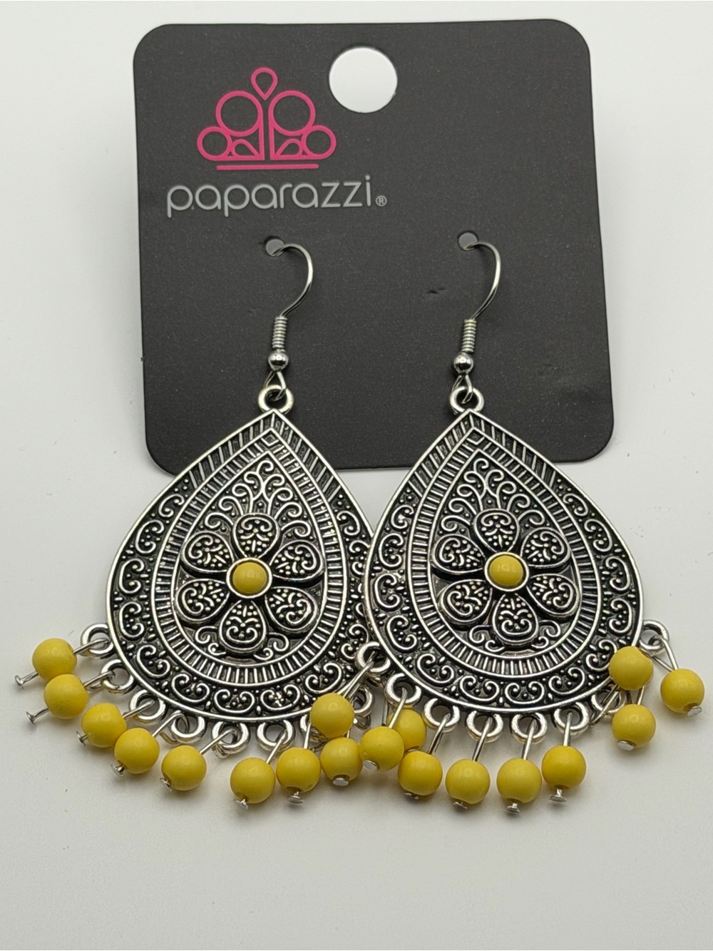 NWT paparazzi Blossoming Teardrop Filigree Earrings Yellow Beads Boho Festival